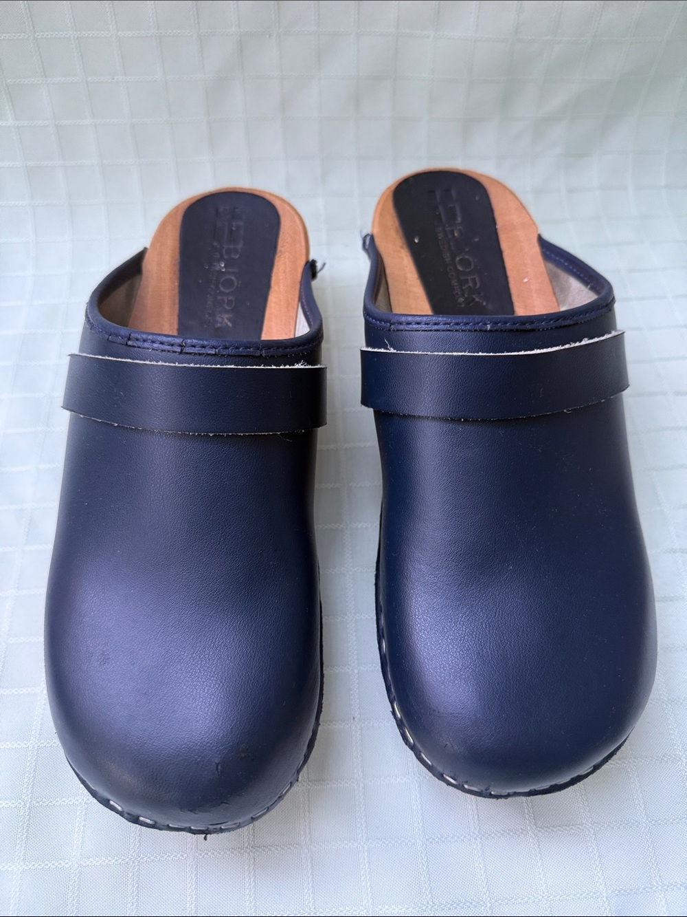 Women's Navy Blue Leather Slip-On Clog with Wooden Sole